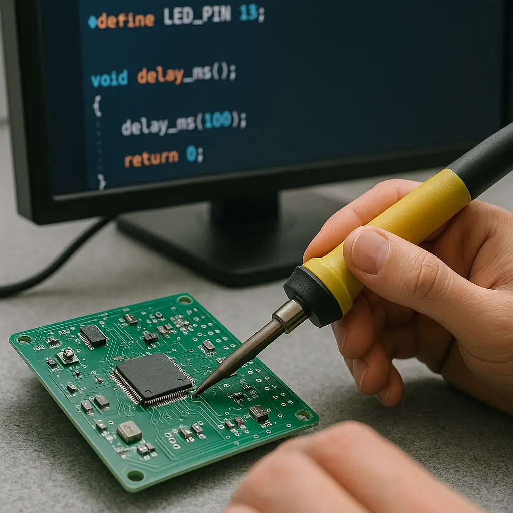 Close-up of a person soldering components on a green printed circuit board, with programming code displayed on a monitor in the background. AES, Aardvark Embedded Solutions.
